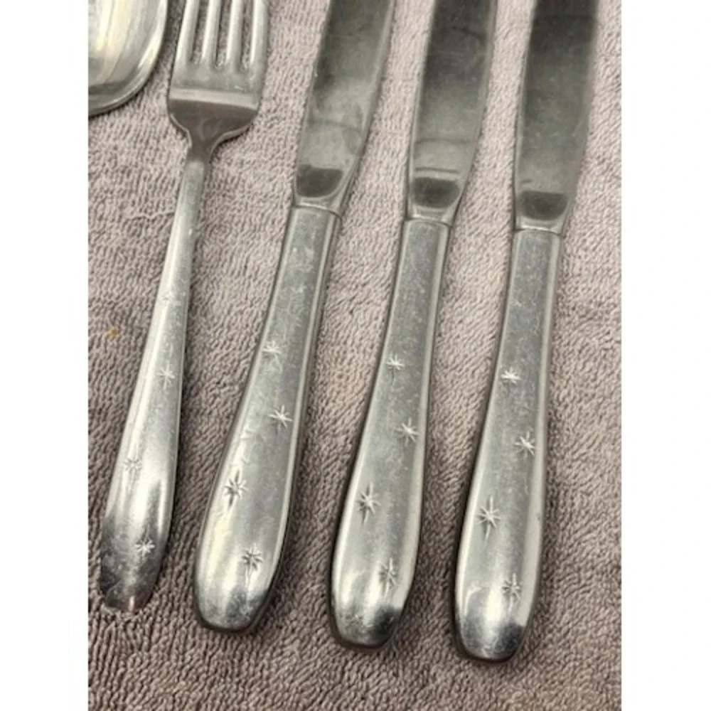 Vtg Wallace Flatware Set 7pc Silver North Star Starburst Stainless Atomic Star